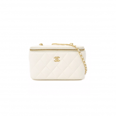 CHANEL QUILTED CC GHW DRESSING CASE CHAIN SHOULDER BAG LAMBSKIN LEATHER WHITE AP2303 (17*9*8cm)